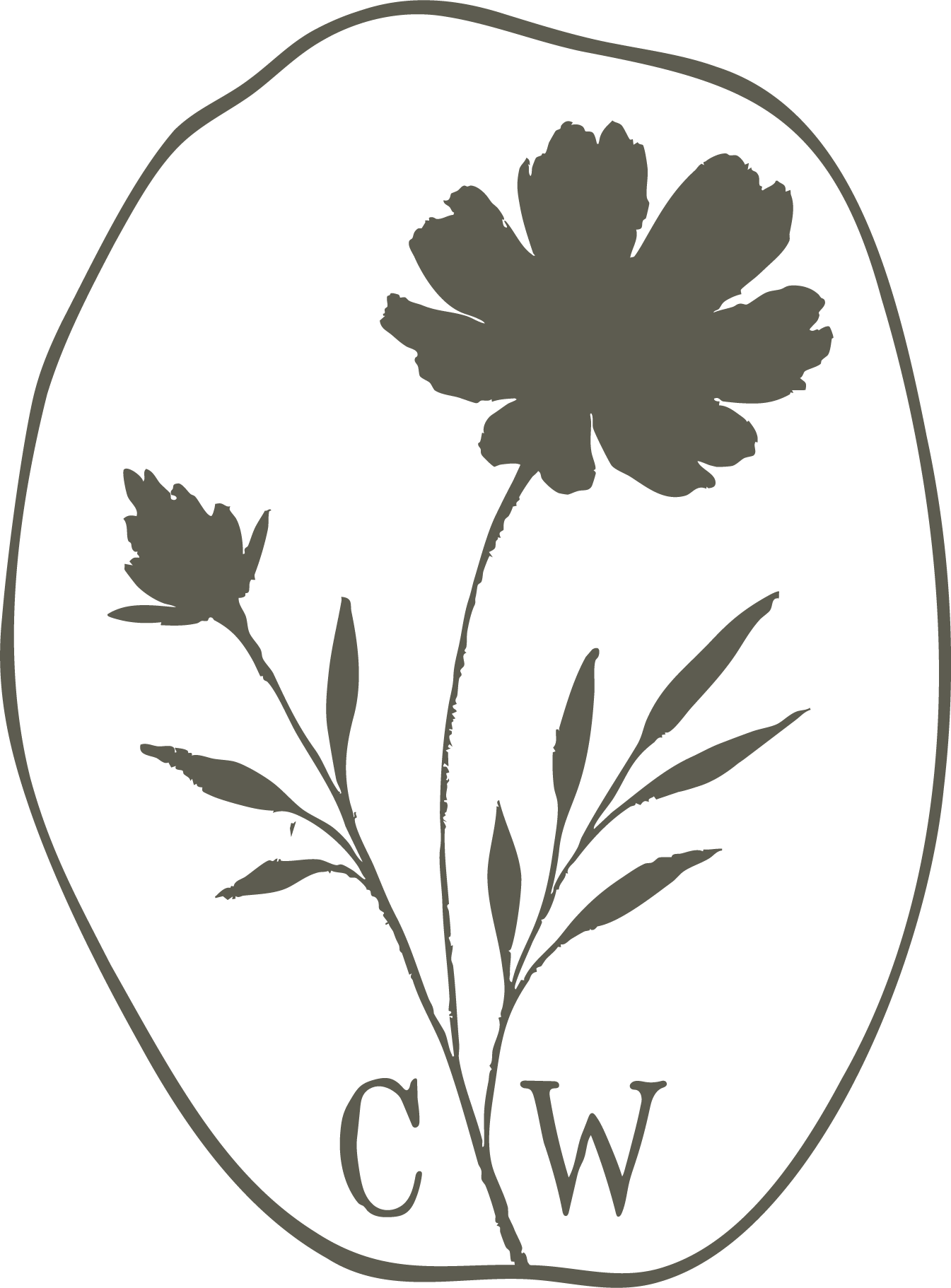 Silhouette of a flower with two blossoms, one large and one small, with greenish-gray leaves and stems, enclosed in an oval border with the letters C and W below.