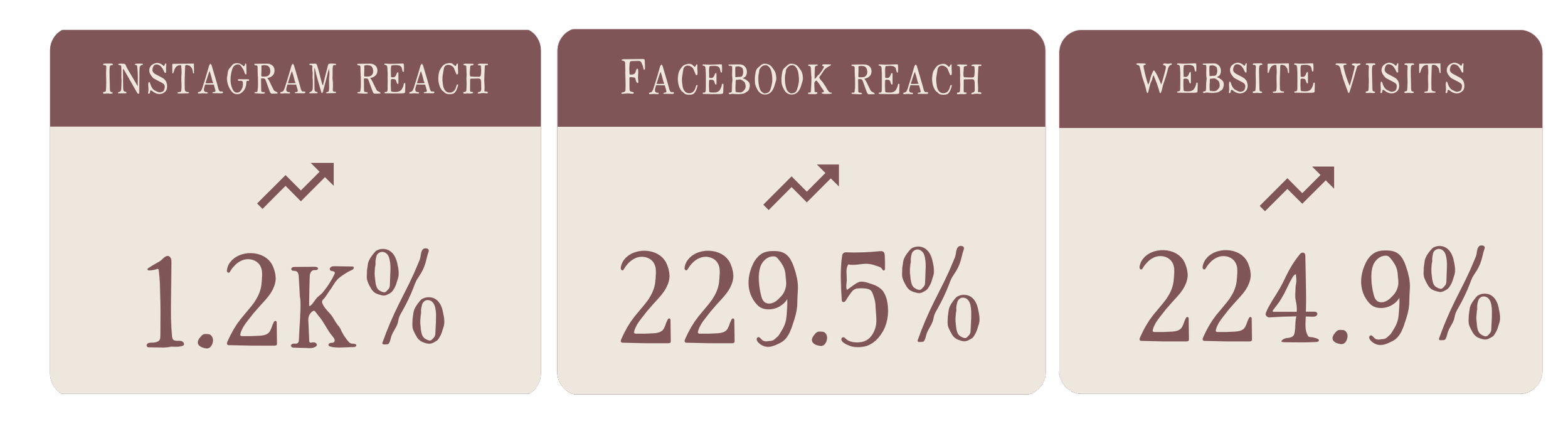 Comparison table showing percentage increase in social media reach and website visits, with icons indicating growth.