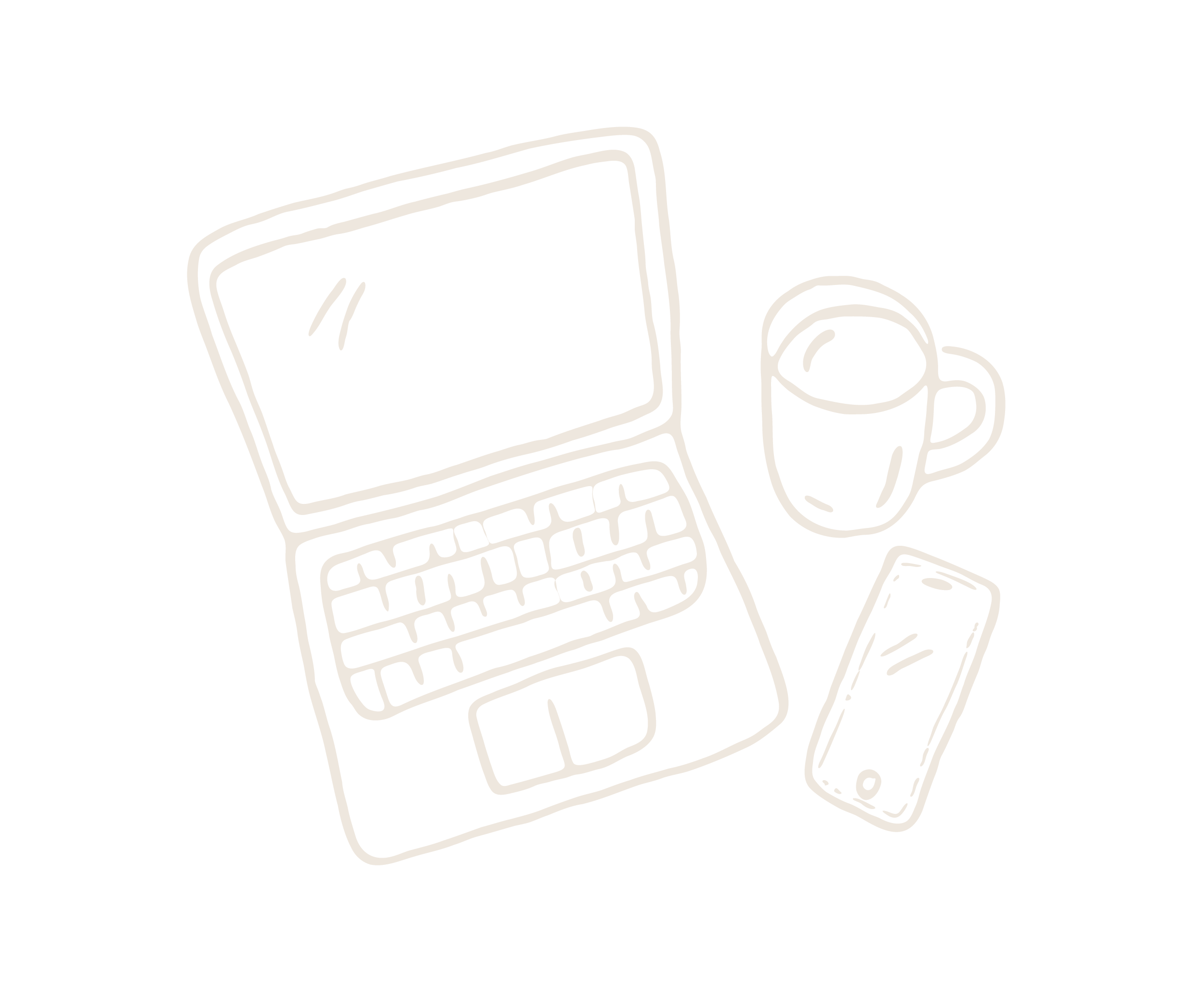 Line drawing of a laptop, smartphone, coffee mug, and tablet