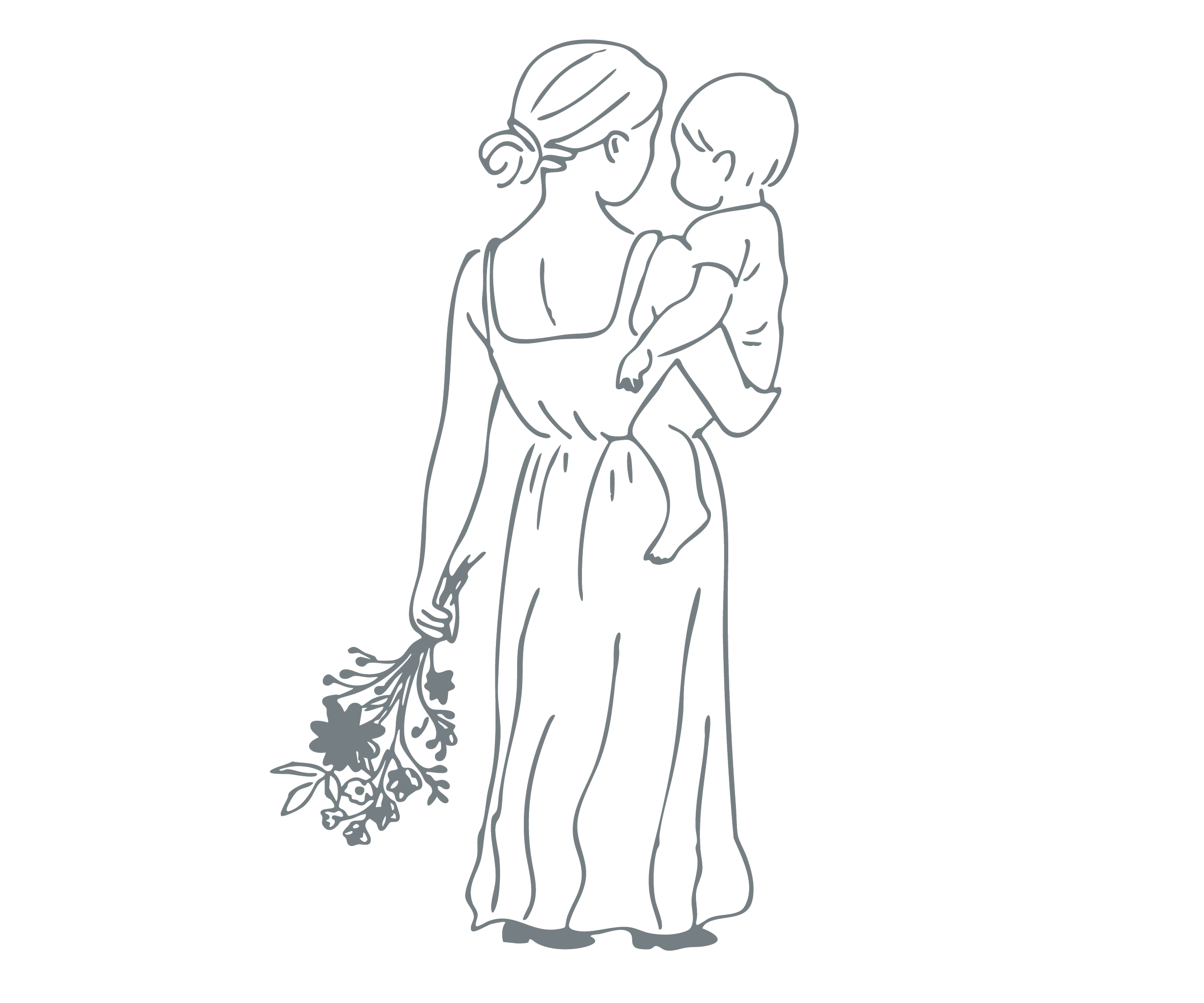 Line drawing of a woman holding a child and a bouquet of flowers.