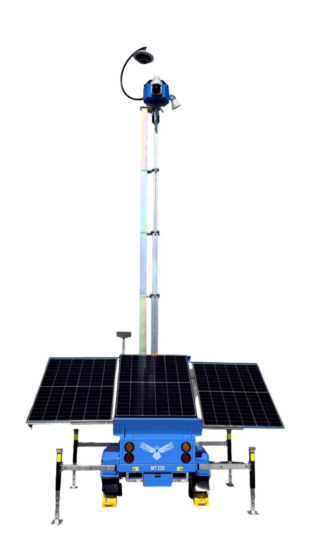 A mobile solar-powered weather robot with solar panels, a camera, and sensors mounted on a pole.