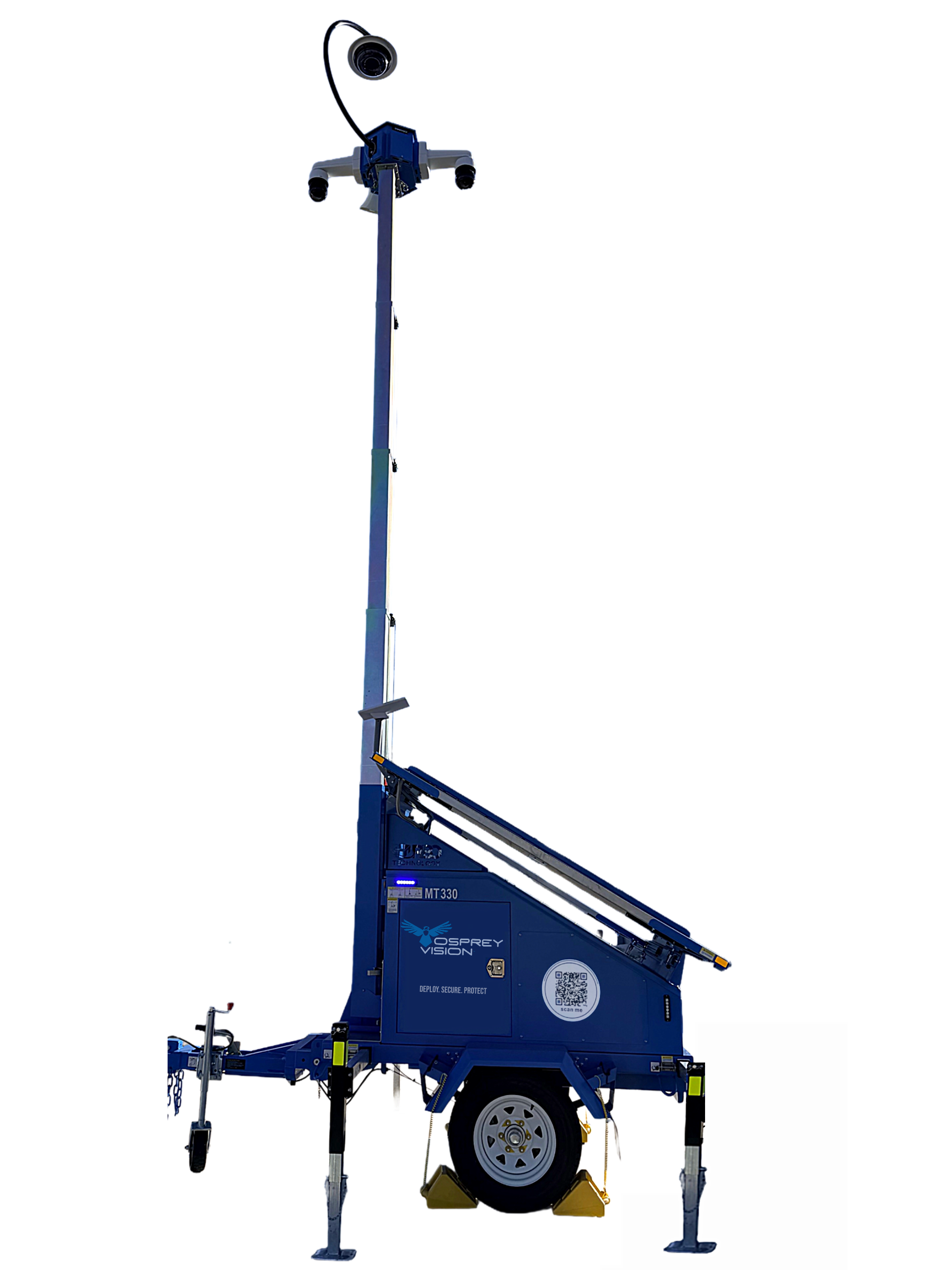 A mobile surveillance camera tower with a tall, extendable pole and a large camera mounted on top, designed for outdoor security monitoring.