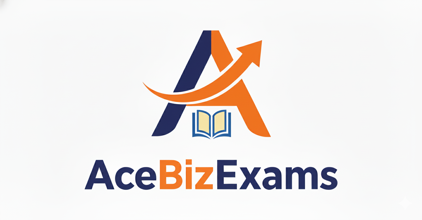 Logo for AceBizExams featuring stylized letter A with arrow and open book icon, in blue and orange colors.