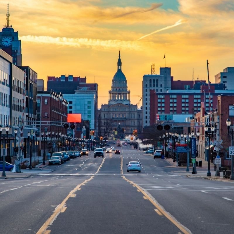 Downtown Lansing, Michigan with the State Capitol representing local STEM and STEAM programs for kids