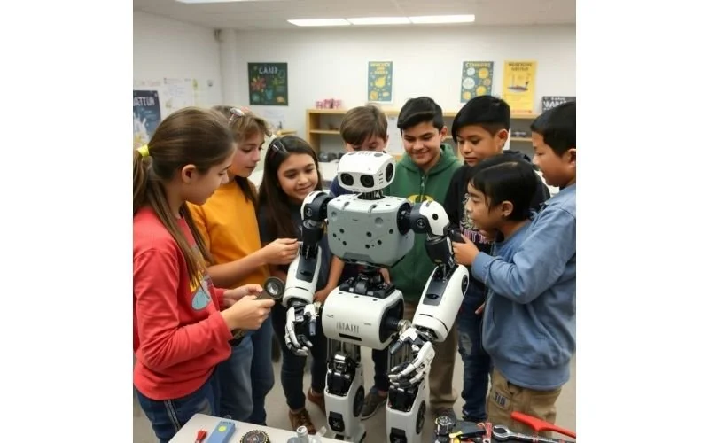 Children exploring a hands-on robotics activity together in a classroom setting