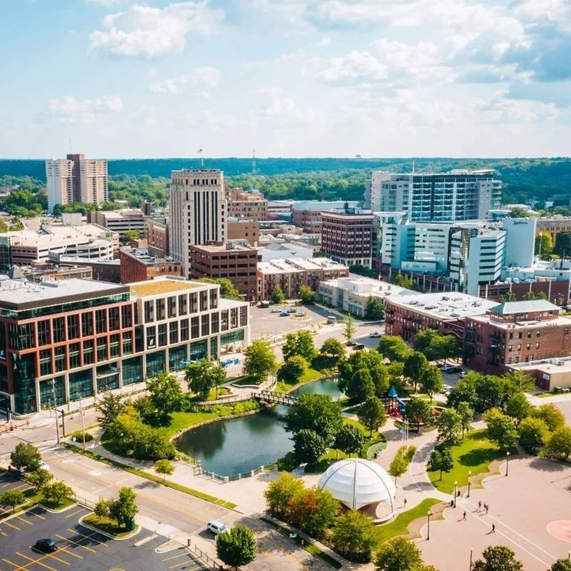 Aerial view of Kalamazoo, Michigan representing local STEM and STEAM programs for kids