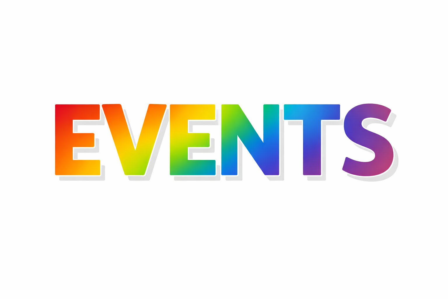 Colorful rainbow gradient text spelling 'EVENTS' on a white background.