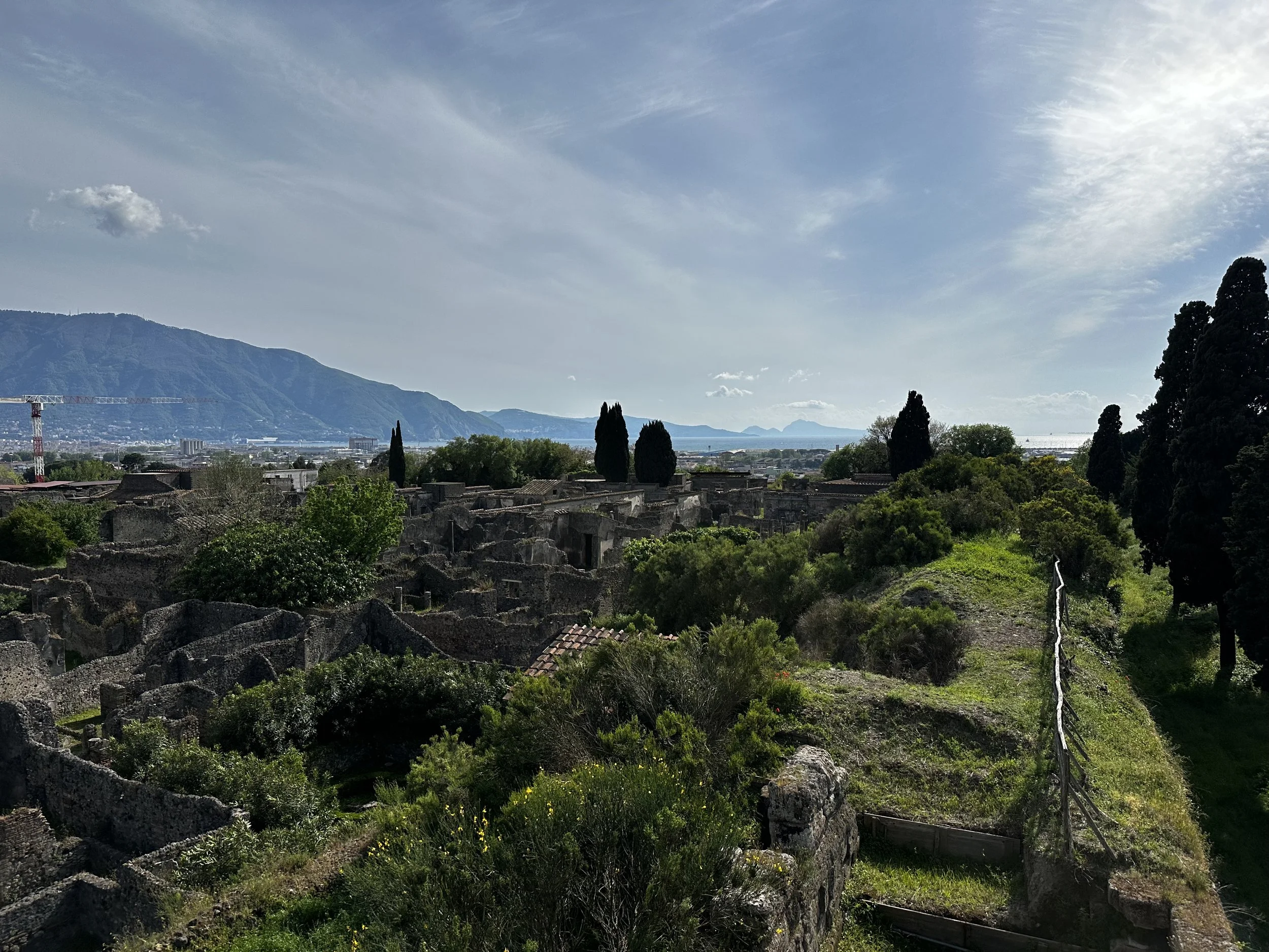 Ancient ruins surrounded by green vegetation with mountains and a blue sky in the background.
