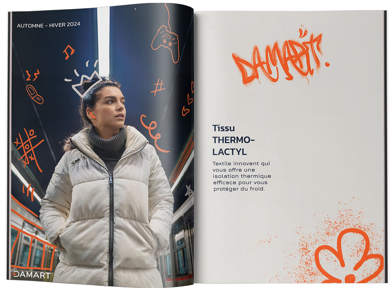 A woman in a white puffer jacket standing in a subway train, with colorful graffiti and doodles on the walls surrounding her. The opposite page contains text about thermal tissue and a spray-painted word 'DAMART' in red graffiti style.