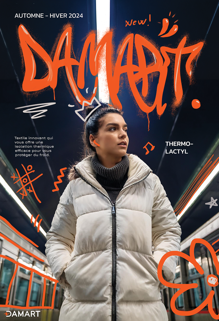 A woman in a beige puffer jacket standing in a subway train tunnel with graffiti-style writing and illustrations overlayed, promoting autumn-winter 2024 thermal lacyl fabric by Damart.