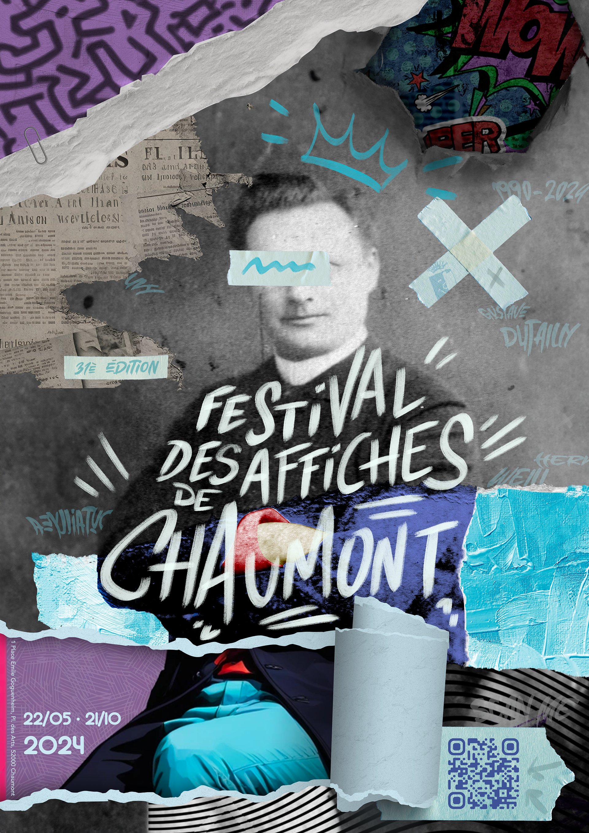 Collage poster for the Festival des Affiches de Chamonix 2024 featuring a black and white portrait of a woman, torn paper, graffiti, and graphic elements, with text about the event date, edition, and commemorating 1990-2024.