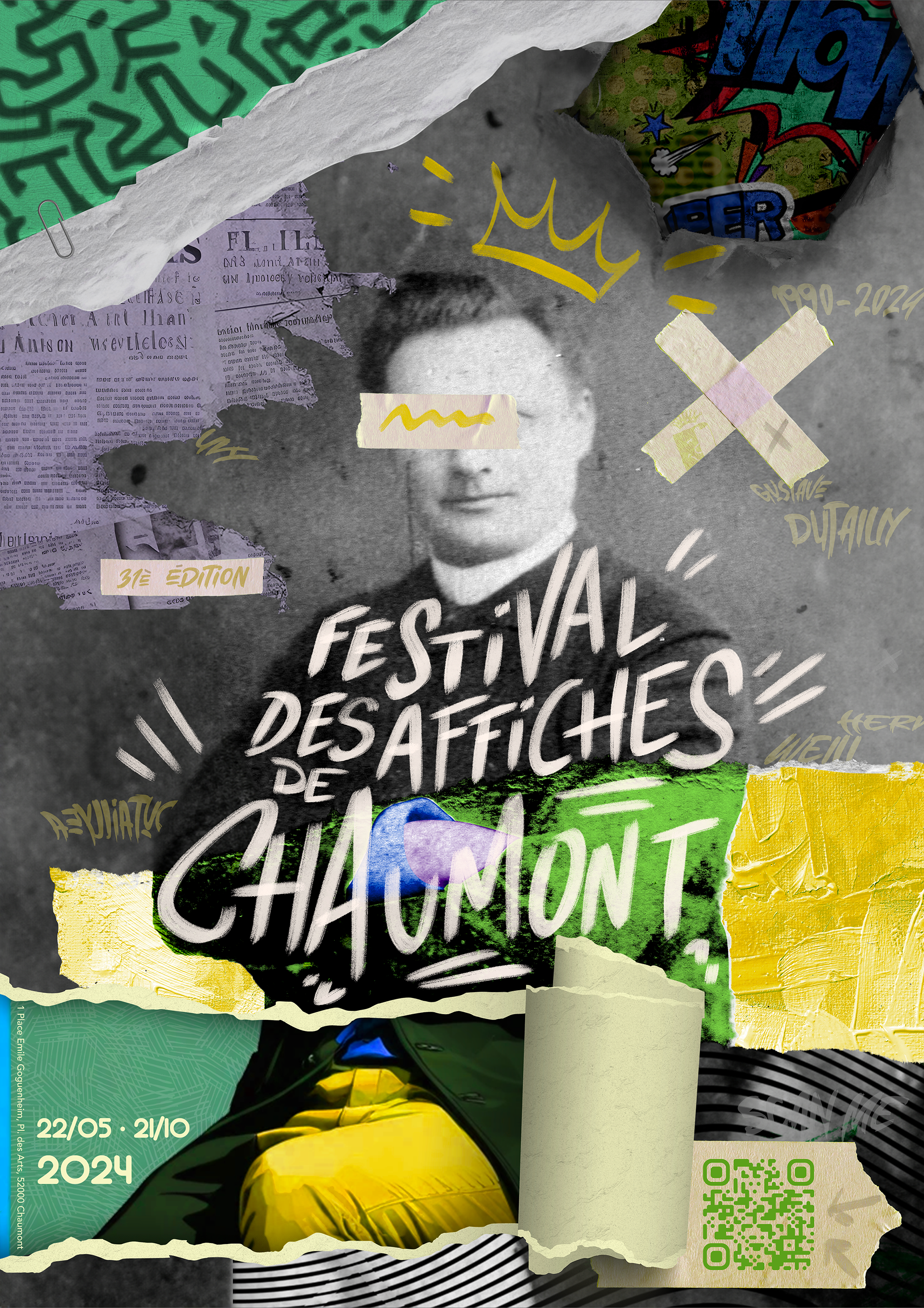 Poster for the Festival des Affiches de Chamonix, 31st edition, held from May 22 to October 21, 2024. Features a vintage black-and-white photo of a woman with collage elements, colorful text, and graphics, including a yellow crown, handwritten notes, and a green and yellow section.