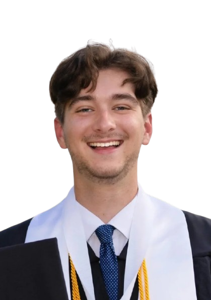 Young man wearing a graduation gown and cap, smiling.
