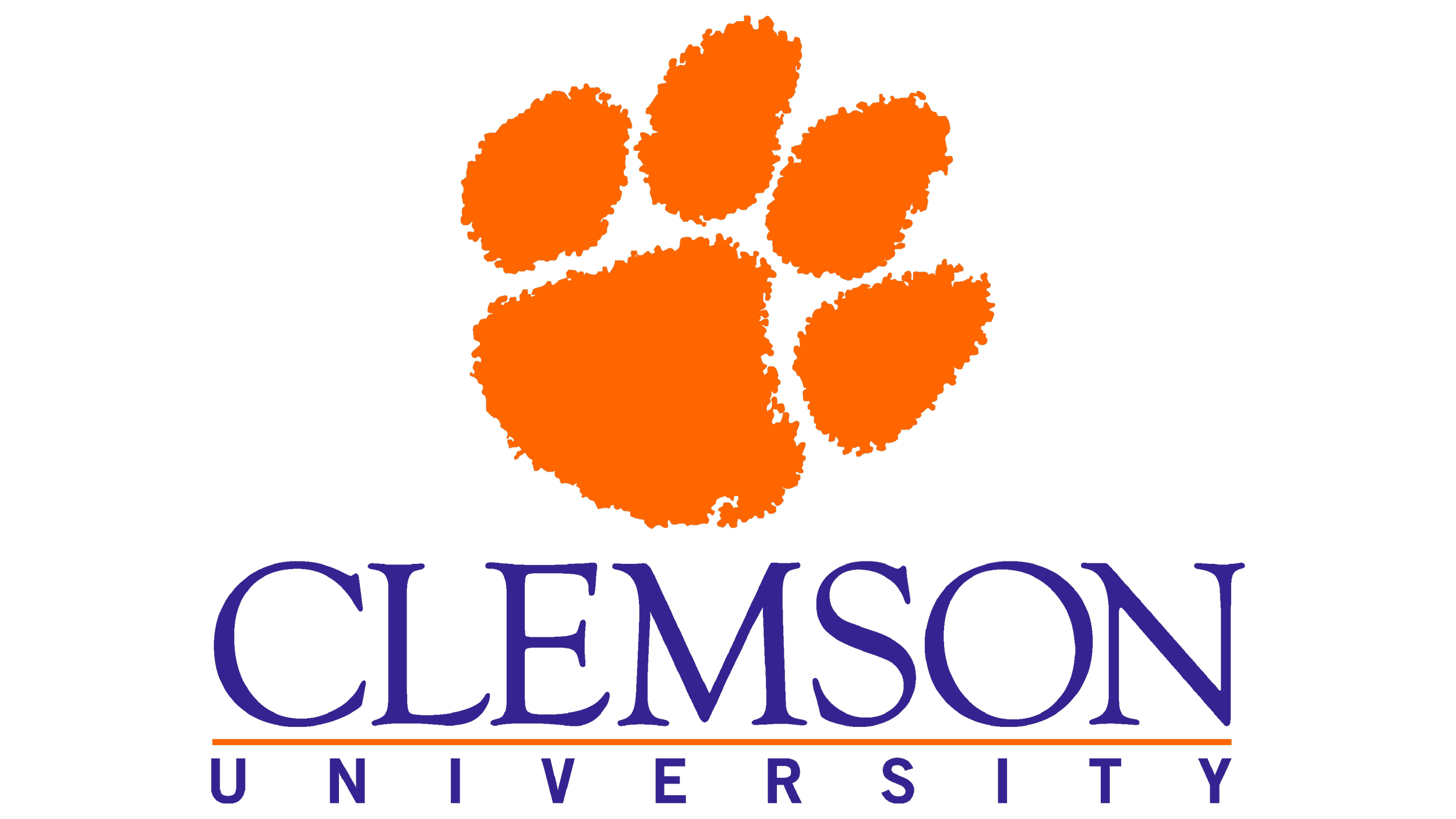 Clemson University logo with an orange tiger paw and blue text.
