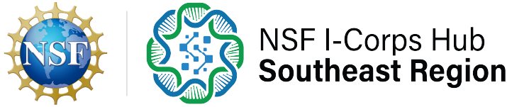 NSF logo with a globe surrounded by a gear, and the NSF Corps Hub Southeast Region logo with interconnected green and blue lines, and the text 'NSF Corps Hub Southeast Region'.