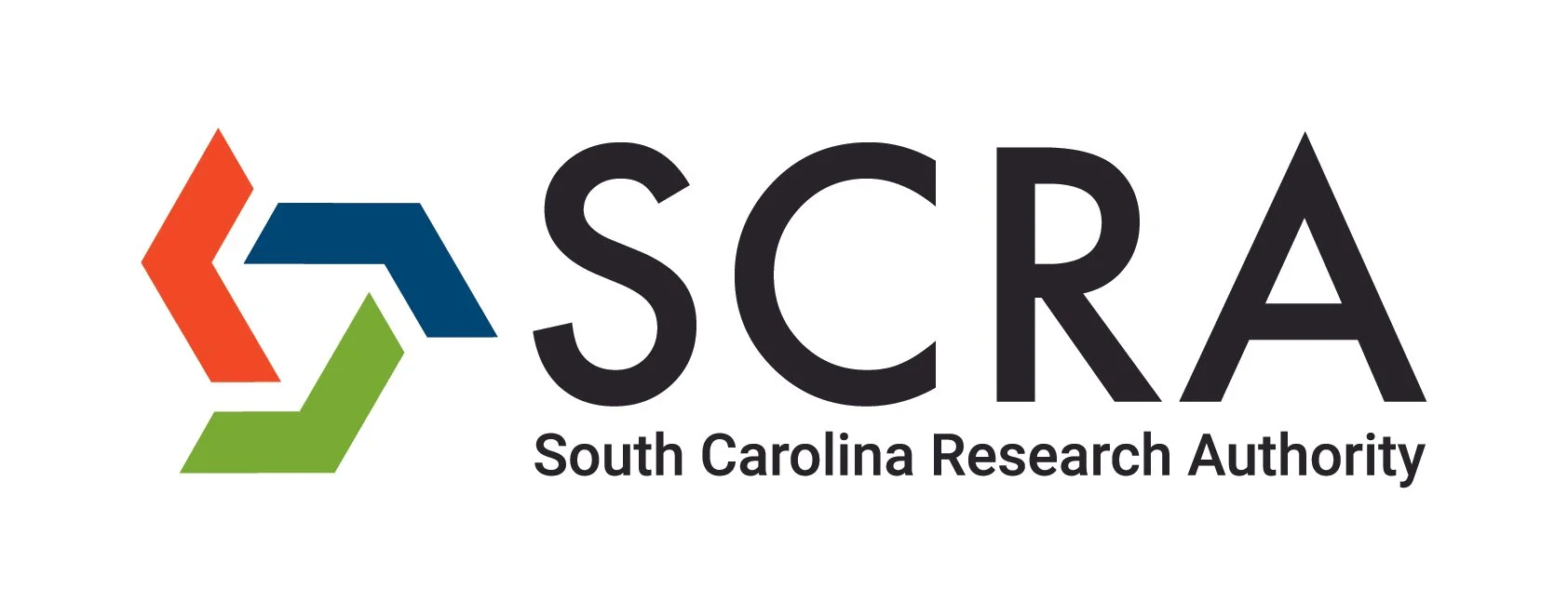 Logo of the South Carolina Research Authority with the acronym SCRA and a hexagonal design in red, green, and blue, representing South Carolina.