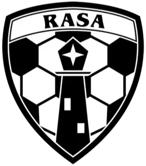 A black and white emblem with a shield shape featuring a soccer ball, a lighthouse, and the word 'RASA' at the top.