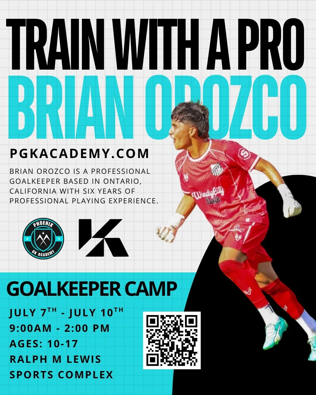 Want to train like a pro? 🧤 Don&rsquo;t miss your chance to work with professional goalkeeper Brian Orozco at our Summer Goalkeeper Camp!

🗓️ July 7&ndash;10 
⚽️ Ages 10&ndash;17 
🕰️ 9AM&ndash;2PM 
📍 Ralph M Lewis Sports Complex. 

Scan the QR co