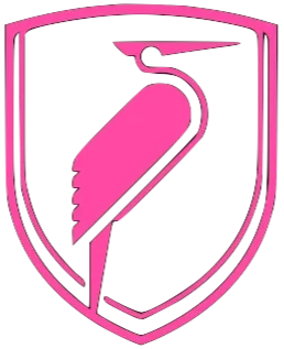 Pink shield logo with a stylized saw and a bird silhouette.