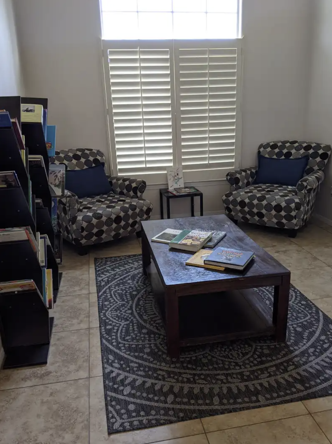 A cozy reading nook with two patterned armchairs with blue pillows, a dark wooden coffee table with books, a small black side table, a bookshelf filled with books, and a window with white shutters providing natural light.