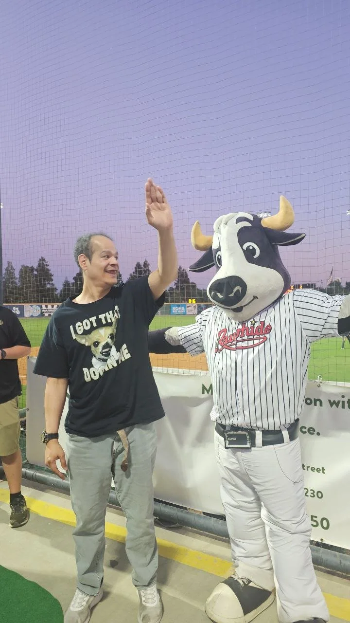 Person giving a high five to the mascot of a cow at a baseball stadium during the evening.