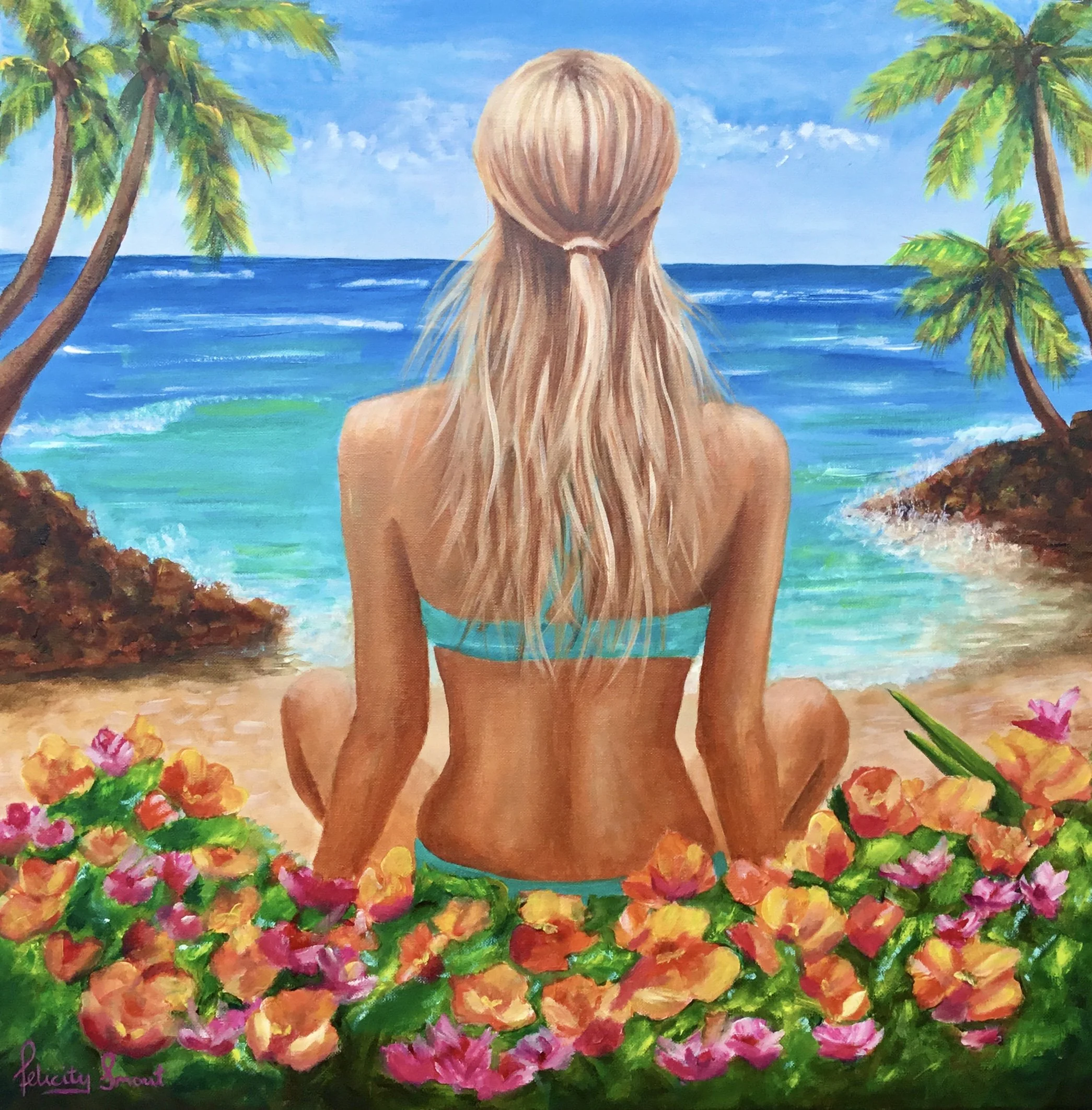 A painting of a woman with long blonde hair sitting on a tropical beach facing the ocean, surrounded by colorful flowers and palm trees.