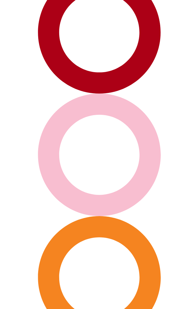 Vertical arrangement of three colored circles: red at the top, pink in the middle, and orange at the bottom, against a black background.