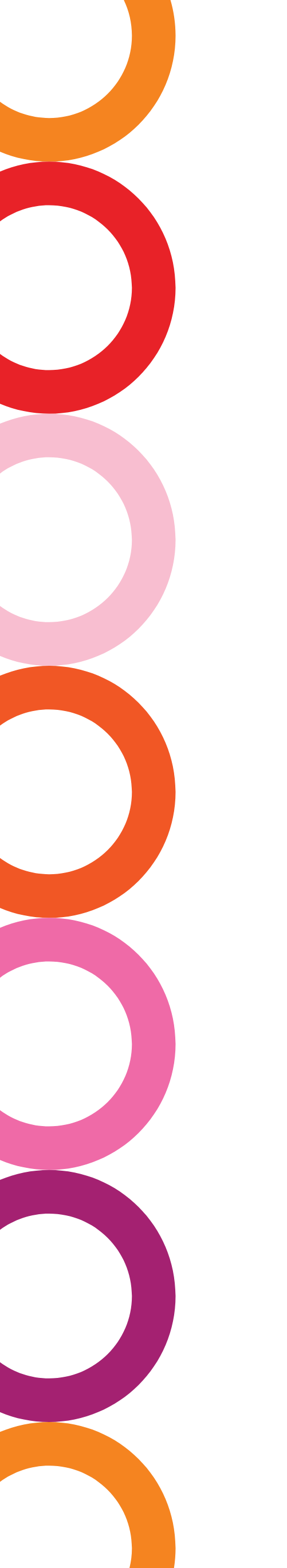 Vertical pattern of colorful rings in orange, red, pink, purple, and orange on a black background.