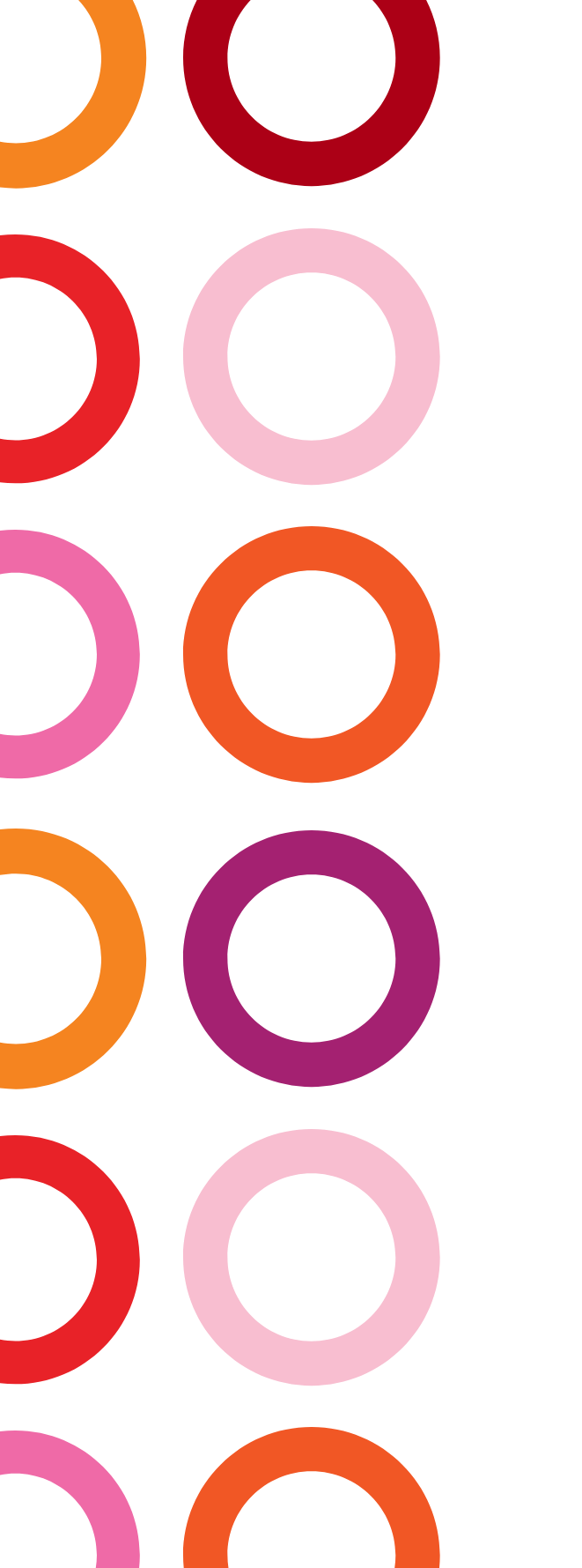 Vertical row of colorful rings in shades of orange, red, pink, purple, and maroon on a black background.