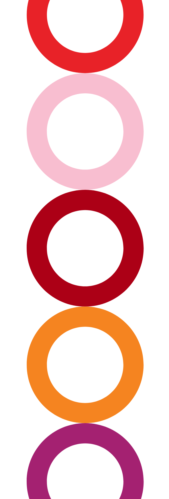 Series of six colorful circles stacked vertically, in red, pink, red, orange, and purple.