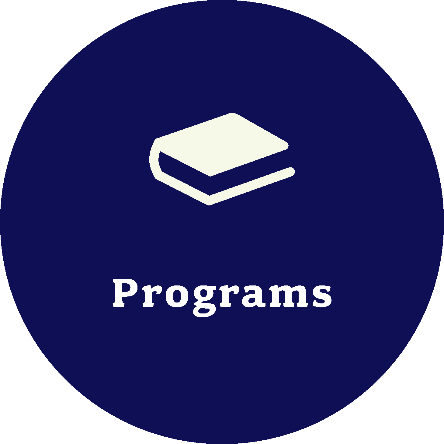 Icon of a closed book with the word 'Programs' written below in white, on a dark blue circular background.