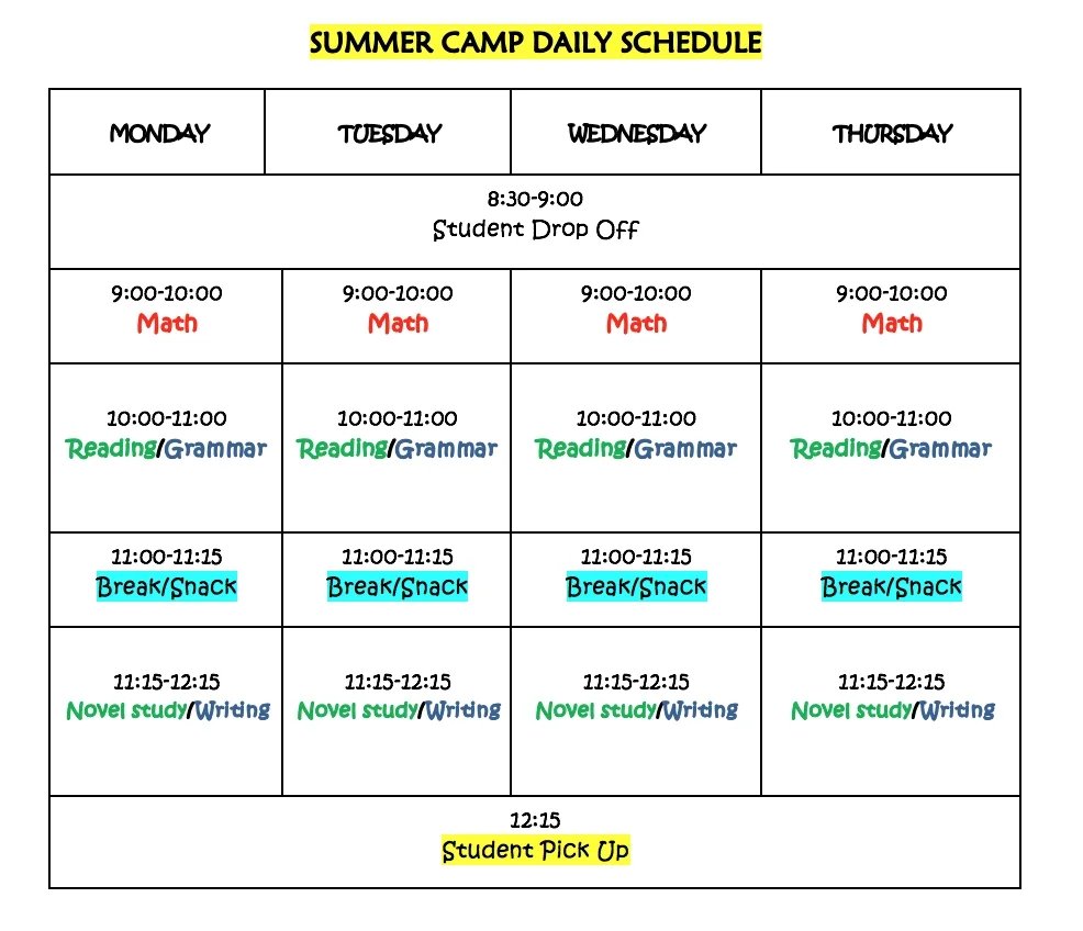 Weekly summer camp schedule grid showing activities from Monday to Thursday, including Math, Reading/Grammar, Break/Snack, and Novel study/Writing, with specific times listed for each activity.