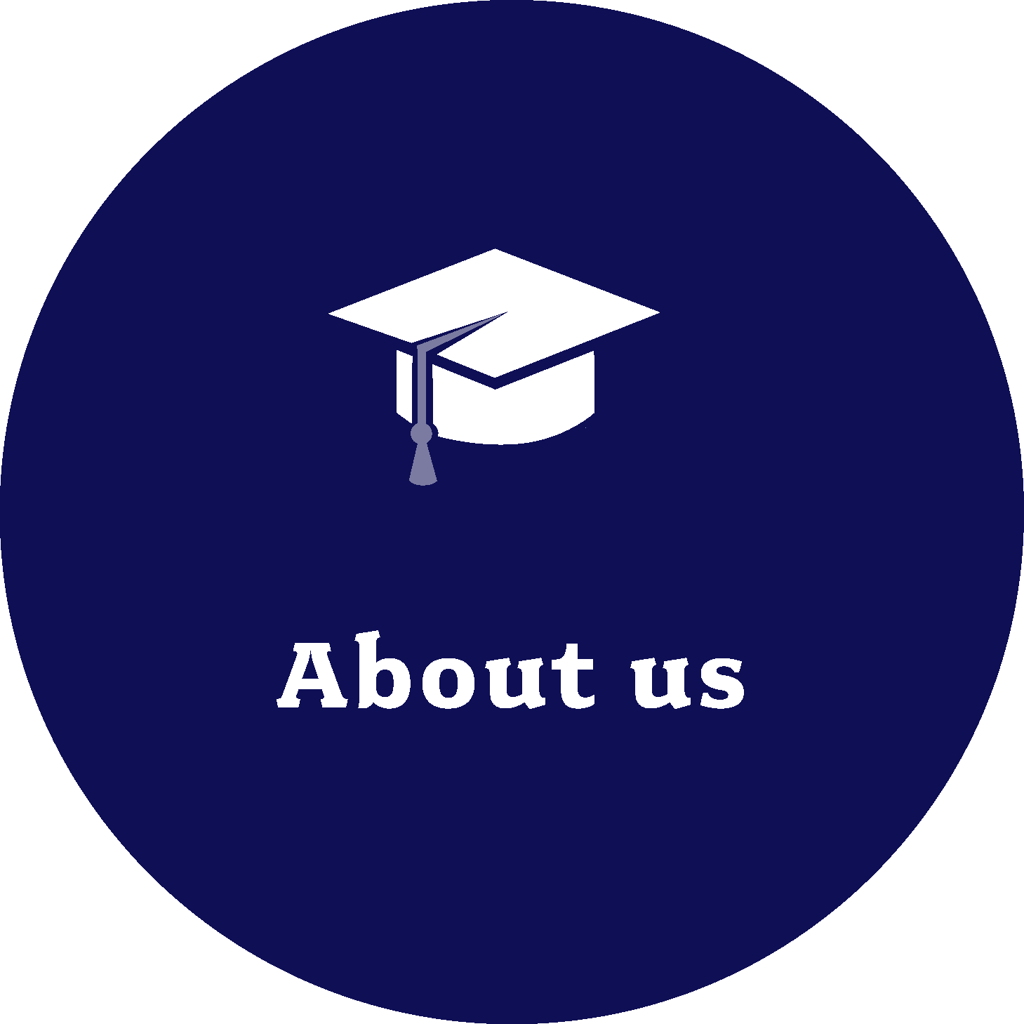 Blue circular button with a graduation cap icon and the words "About us" in white text.