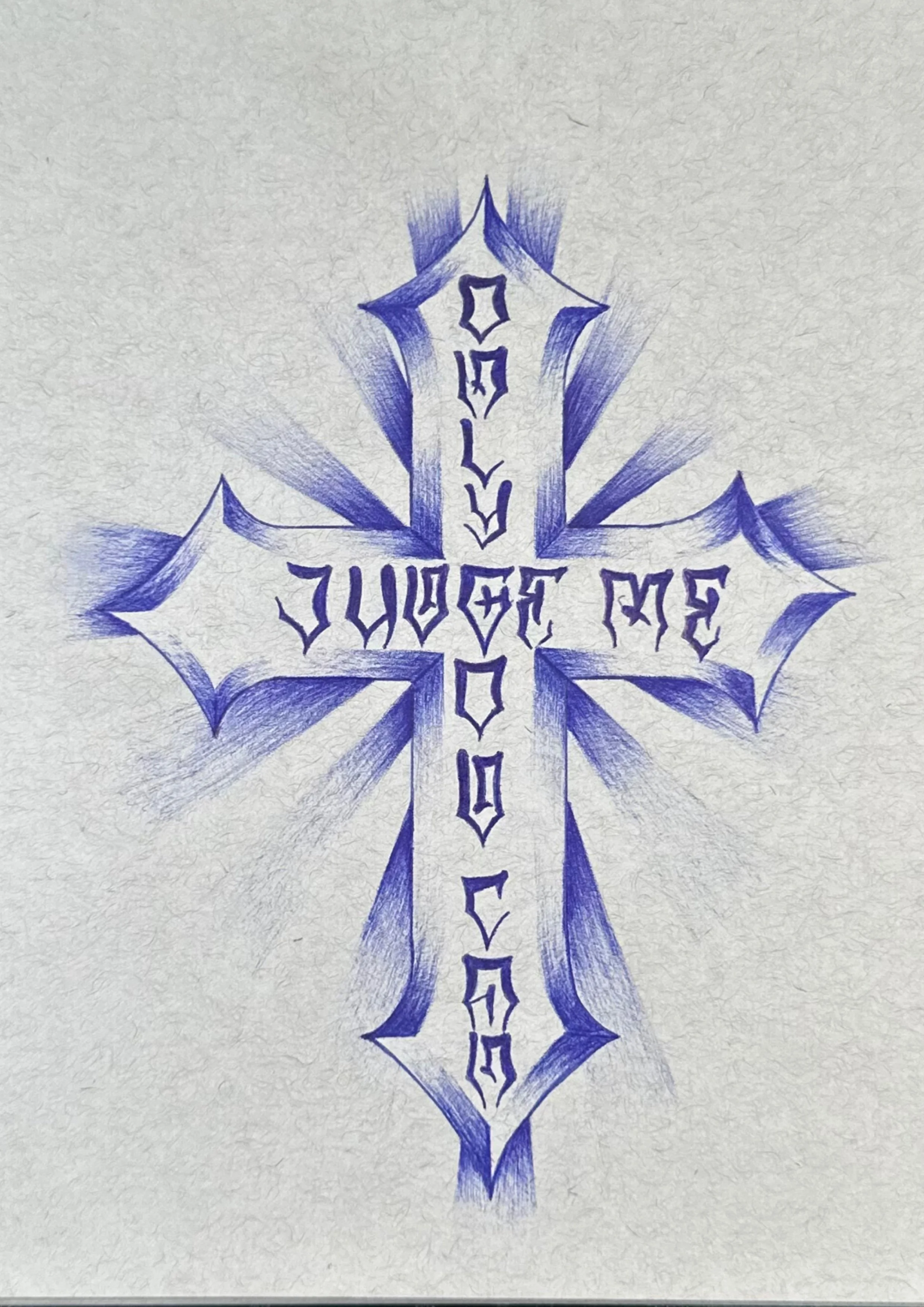 A blue cross tattoo design with Gothic-style lettering on a white textured background.