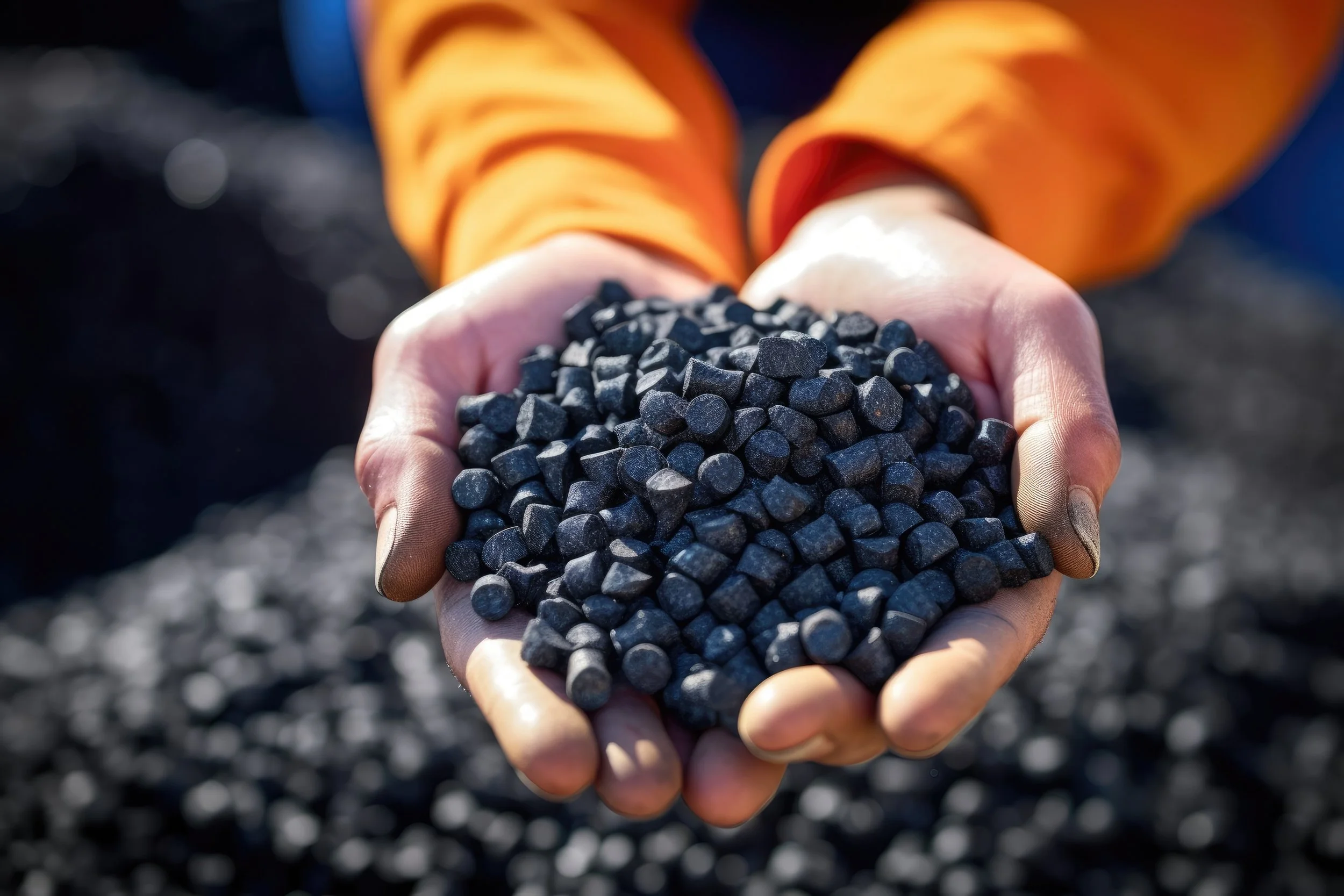 A person wearing an orange jacket holding biochar in their hands.
