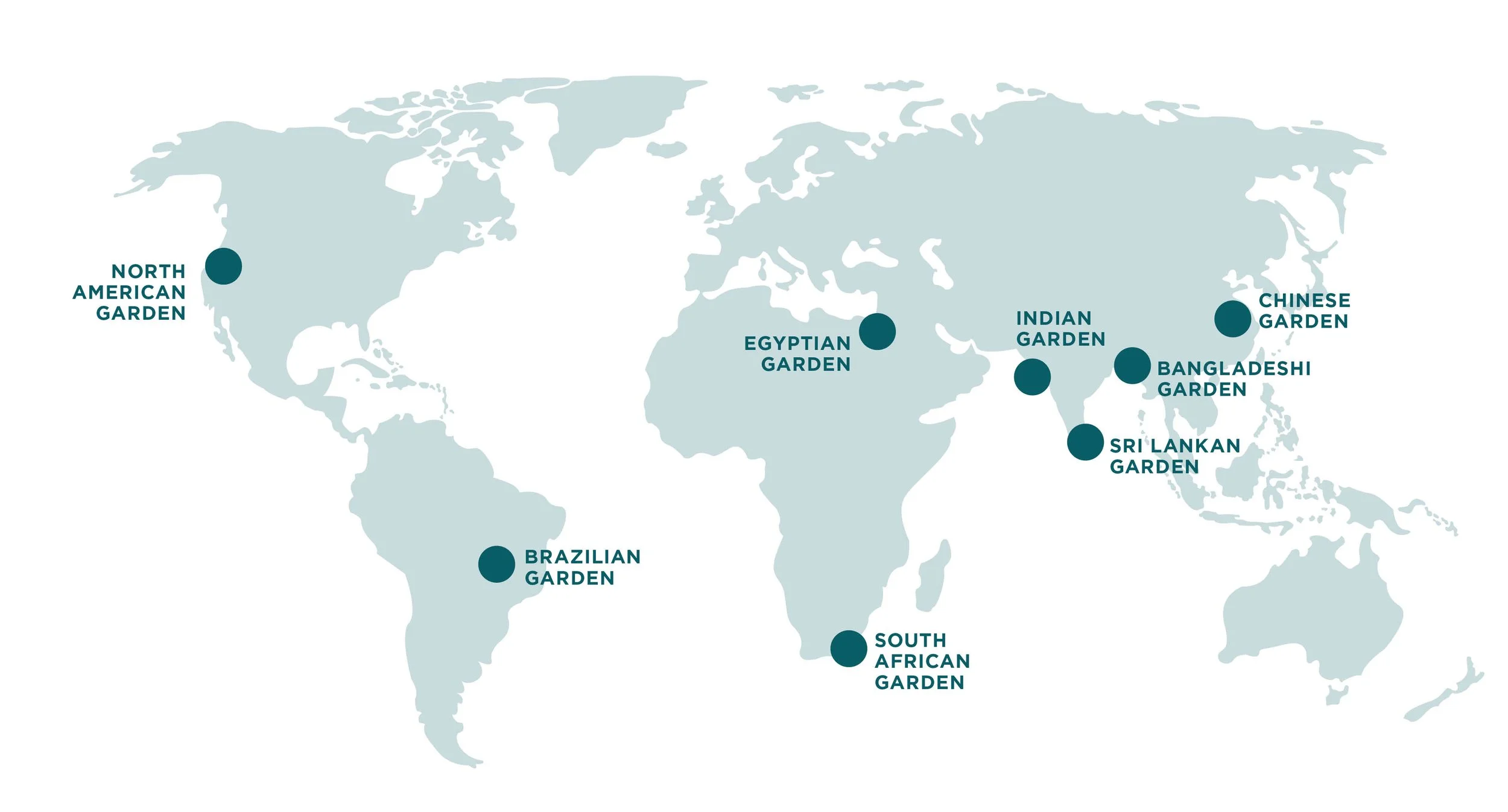World map showing locations of tea gardens: North American Garden, Brazilian Garden, Egyptian Garden, Indian Garden, Chinese Garden, Bangladeshi Garden, Sri Lankan Garden, South African Garden.