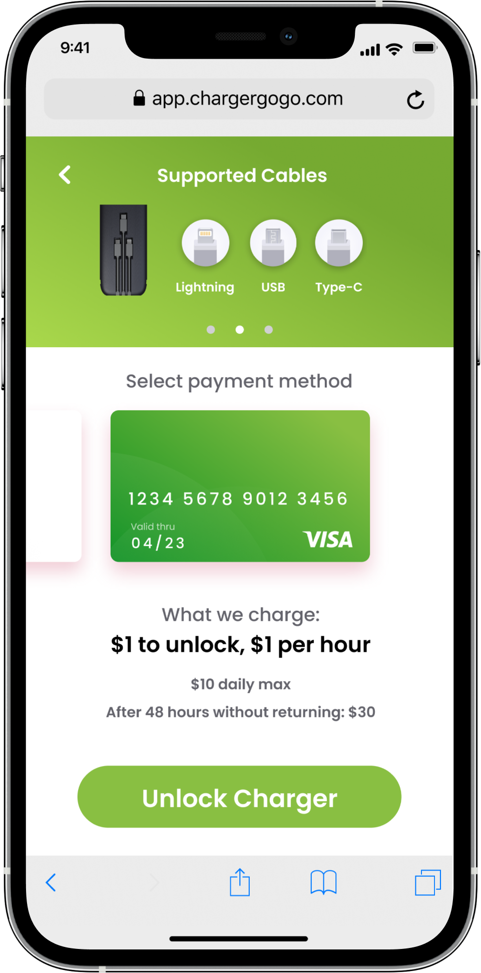 A mobile phone screen showing a webpage for charging cables, supported cables include Lightning, USB, and Type-C, with a Visa payment card and a green 'Unlock Charger' button.