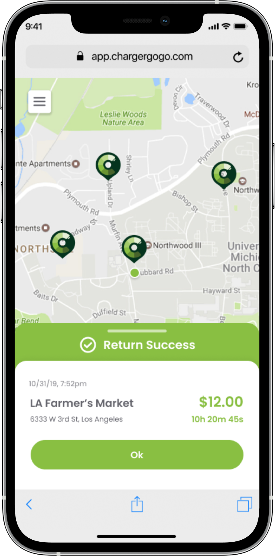 Mobile app screen showing map of charging stations near Northwood, Michigan, with a completed return confirmation for a trip to LA Farmer's Market in Los Angeles, including the date, time, location, cost, and duration.