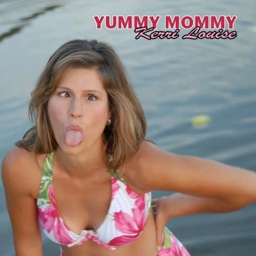 A young woman sticking out her tongue, wearing a colorful floral swimsuit, with water in the background. Text on the image reads "YUMMY MOMMY Kerr Louise".