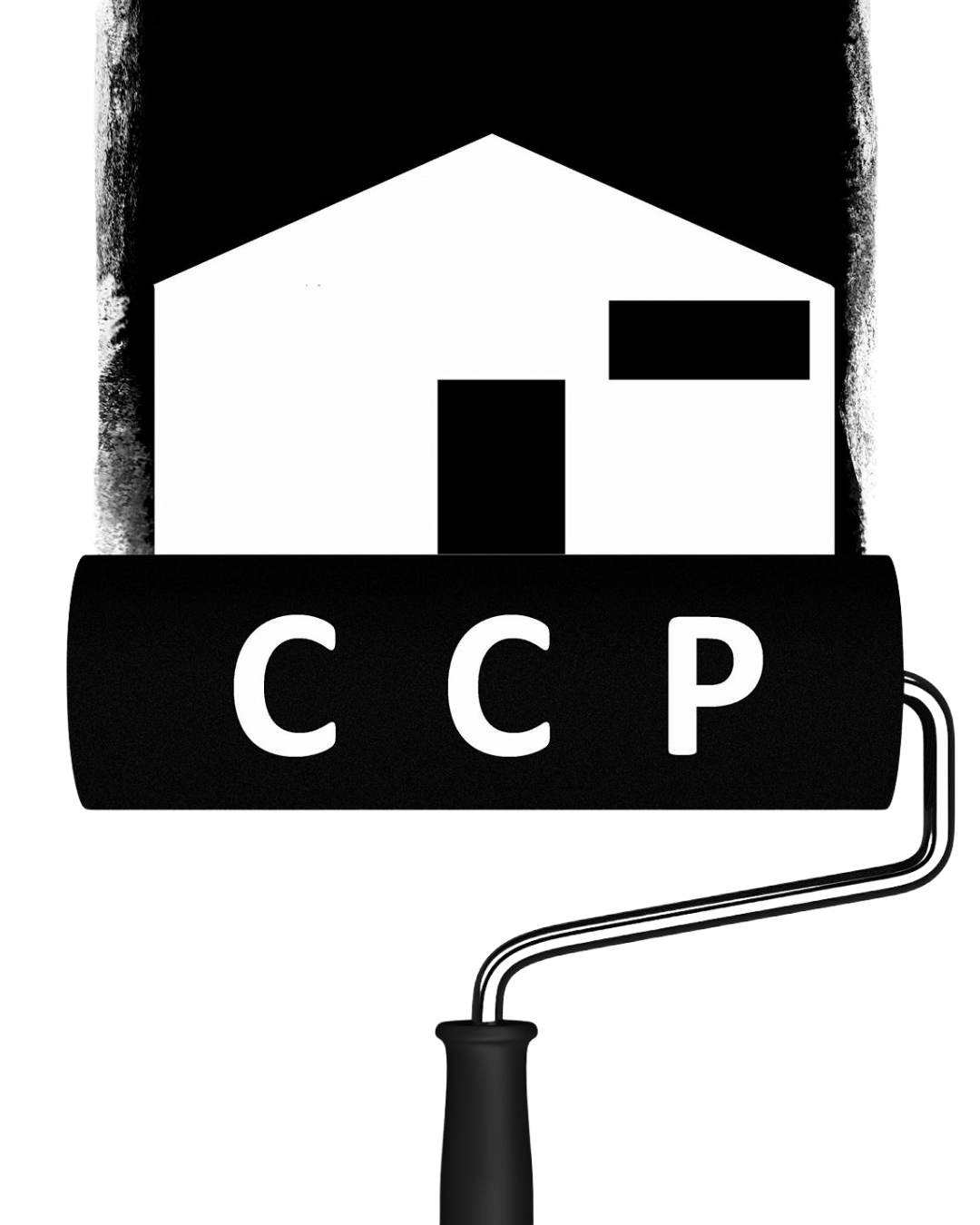 Black and white image of a house with a roller paintbrush in front. The roller has the letters 'C C P' on it, and the house has a door and a window.