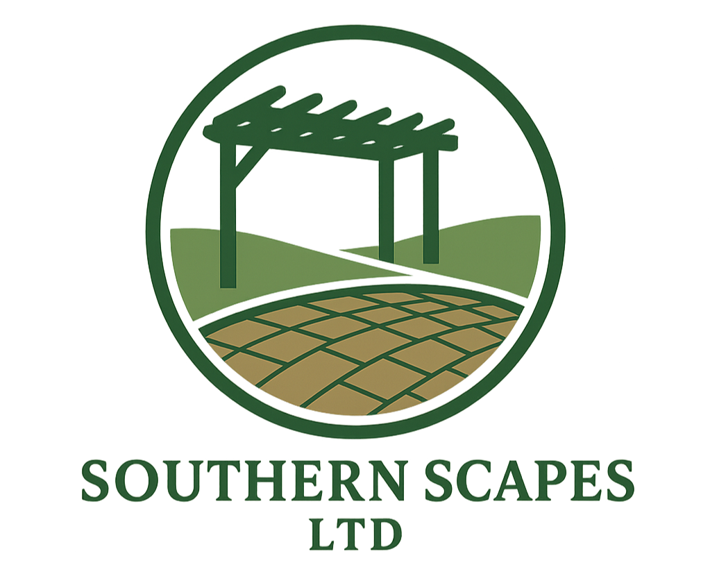 Logo for Southern Landscapes Ltd featuring a green circle with a garden scene, including a pergola, fence, pathway, and grass, with the company name beneath.