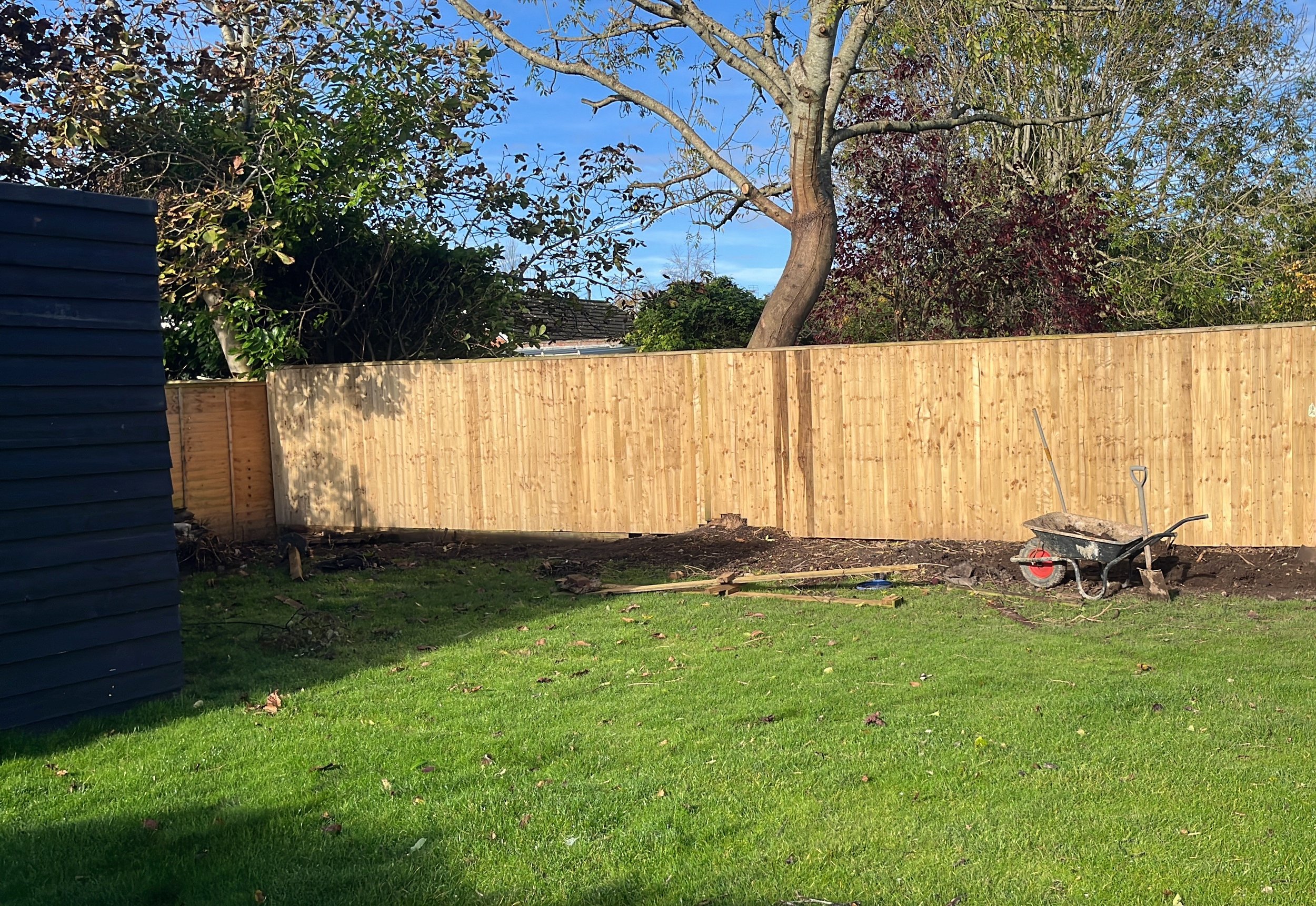 A garden with a newly installed wooden fence, a green lawn, a tree, and a wheelbarrow with dirt and tools.