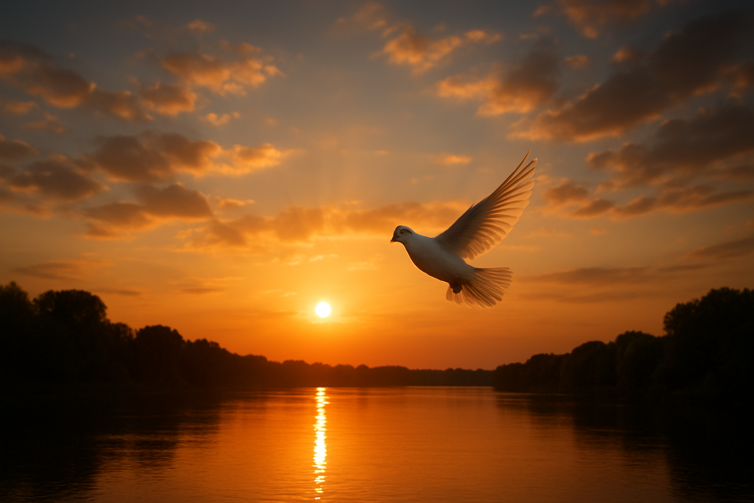 A bird flying over a river at sunset with a colorful sky and scattered clouds.