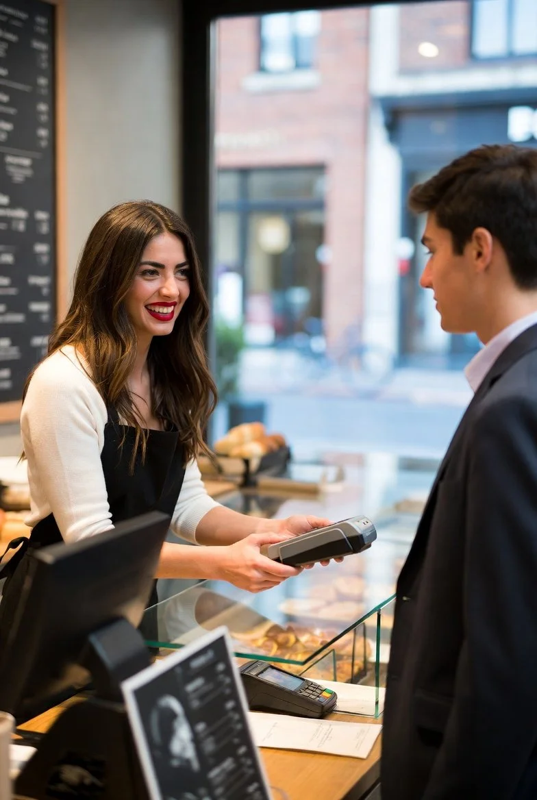 A woman with long brown hair and red lipstick is smiling while handing a payment terminal to a man in a suit at a bakery counter inside a cafe.