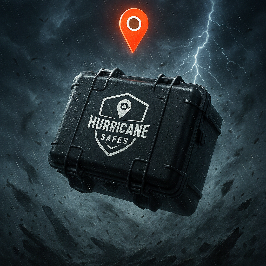 A stormy scene with lightning, rain, and debris, featuring a black Hurricane Safes emergency kit with a logo, floating in the air. An orange location pin is above the kit.