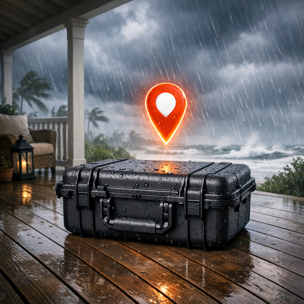 A black waterproof equipment case on a wet wooden porch during a storm with rain and dark clouds, with a glowing red location marker symbol floating in the background over the ocean.