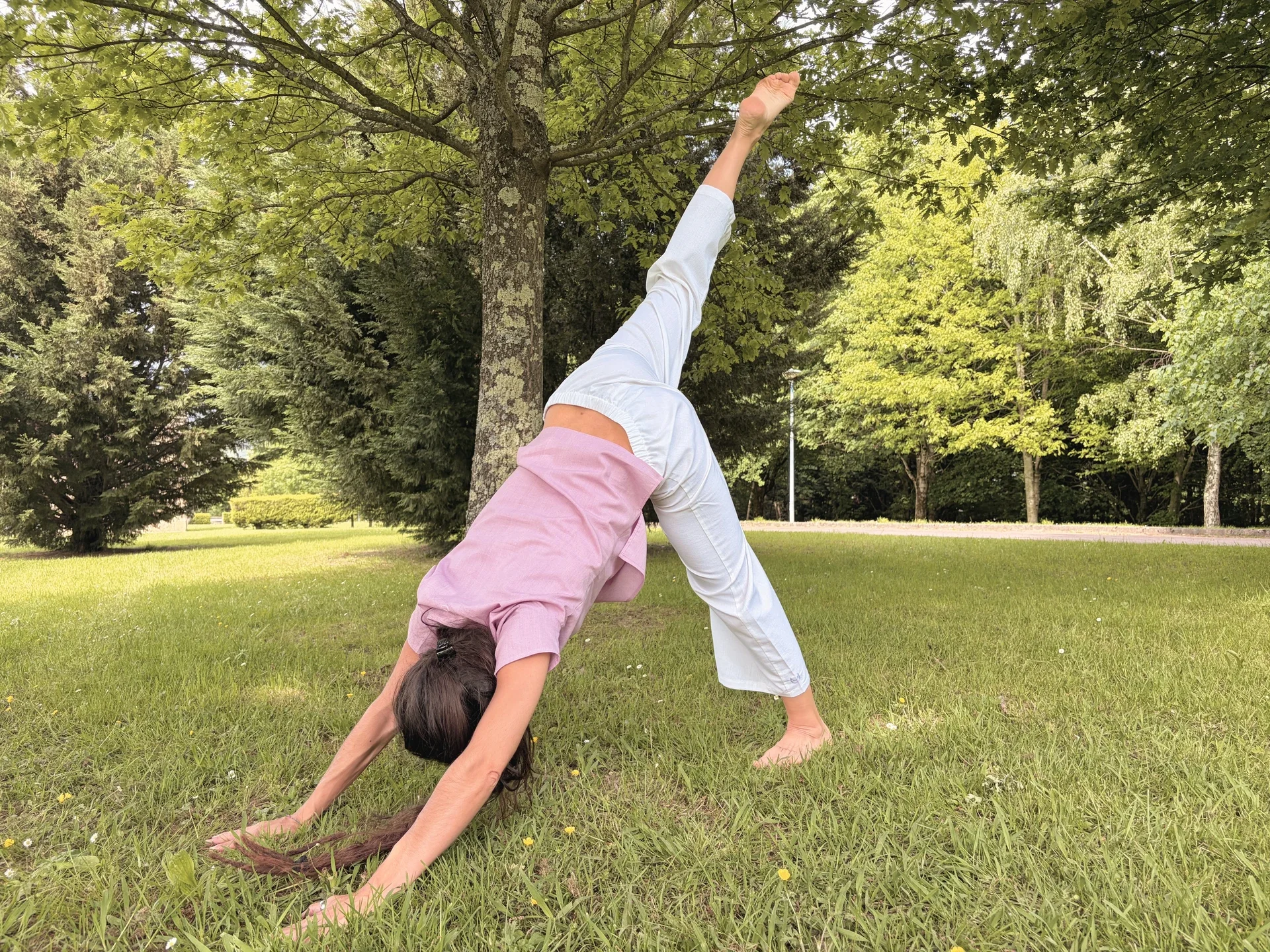 Mujer en postura de yoga vistiendo un pantalón ancho y fluido de algodón orgánico teñido con plantas naturales y hierbas medicinales ayurvastra