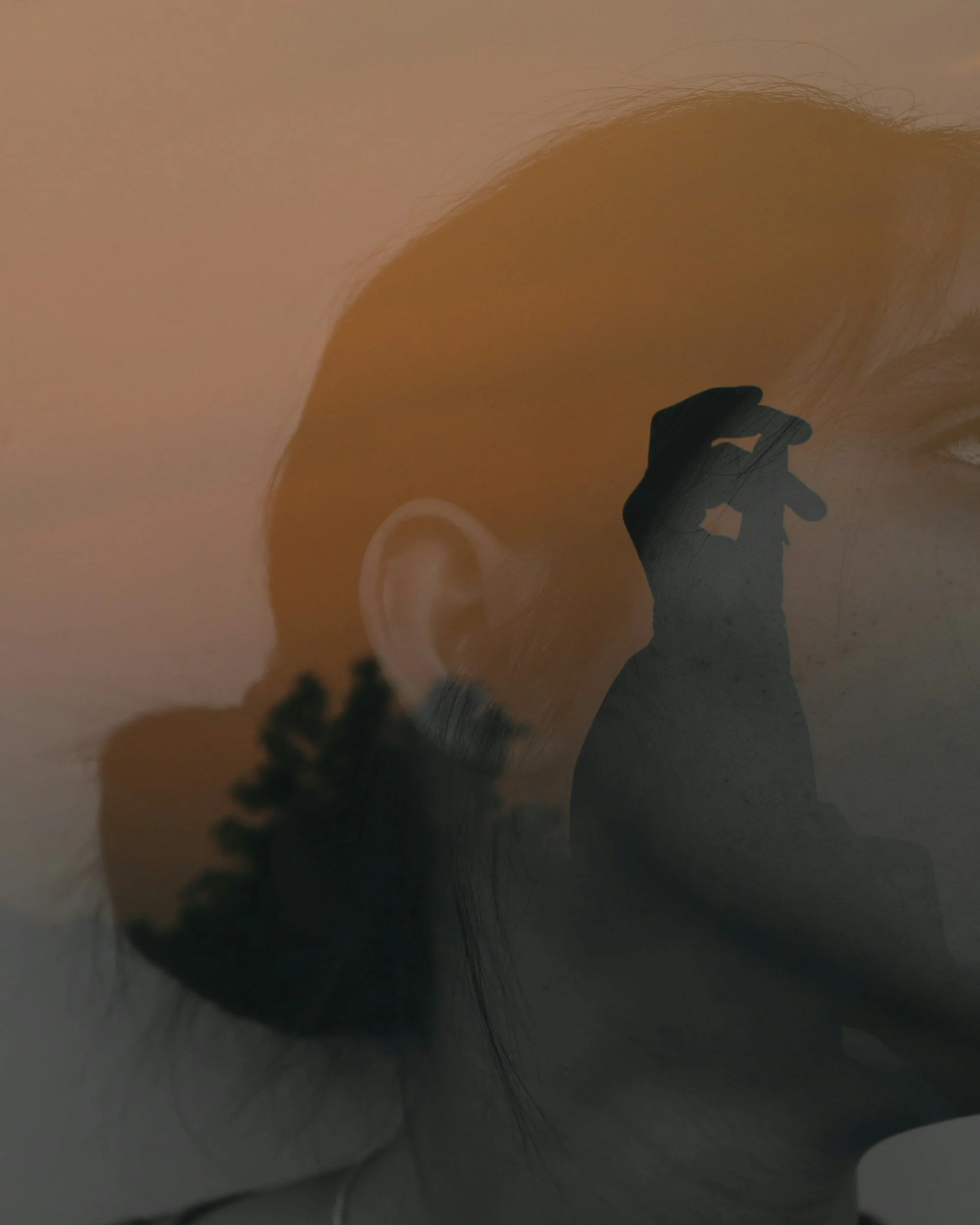 A double exposure photo of a person's face and a hand in a gesture with fingers in a circle, with the silhouette of trees and a sunset sky.