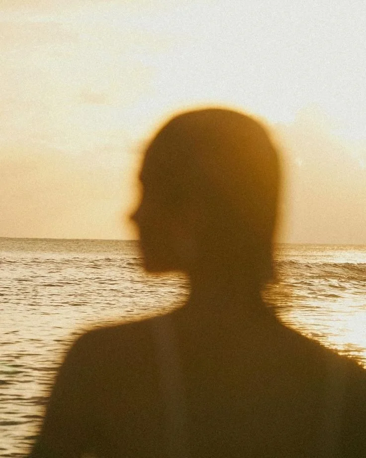 Silhouette of a person with short hair looking towards the ocean during sunset.
