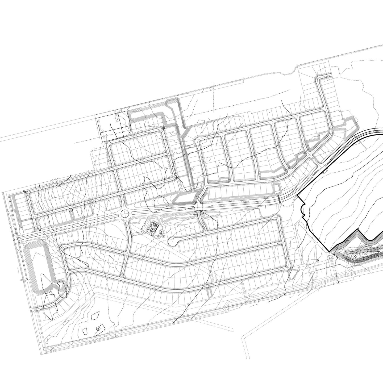 A detailed black and white site plan or blueprint for a residential development with roads, lots, and property boundaries.